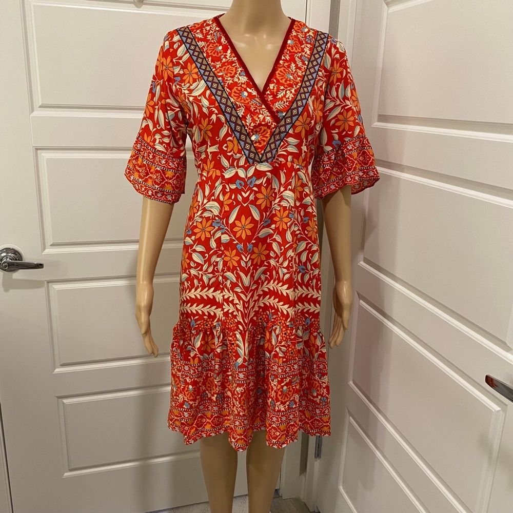 Floral Midi Dress S/M Orange V Neck Short Sleeve Border Print Flounce Sundress